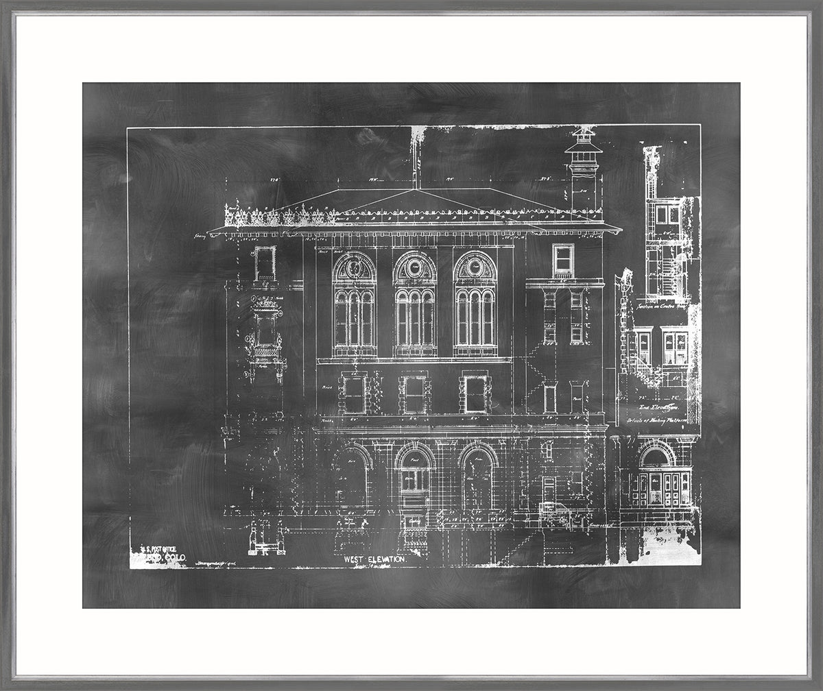 Blueprint – West Elevation wall art featuring a detailed architectural drawing in white on a dark background.