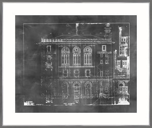 Blueprint – West Elevation wall art featuring a detailed architectural drawing in white on a dark background.