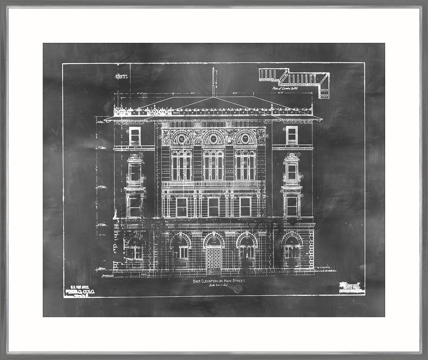 Blueprint – East Elevation wall art featuring detailed architectural drawing in white on black background.
