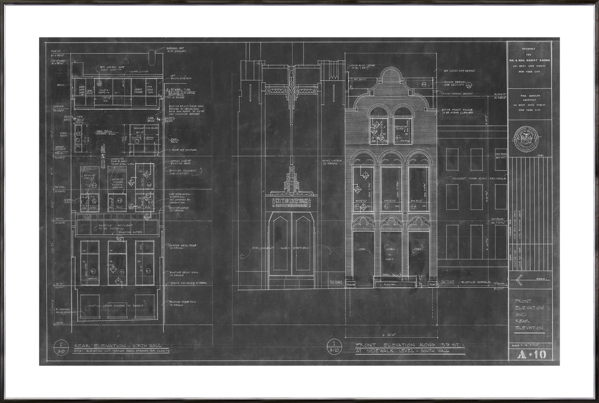 Blueprint of New York residence, detailed architectural plans on black background.