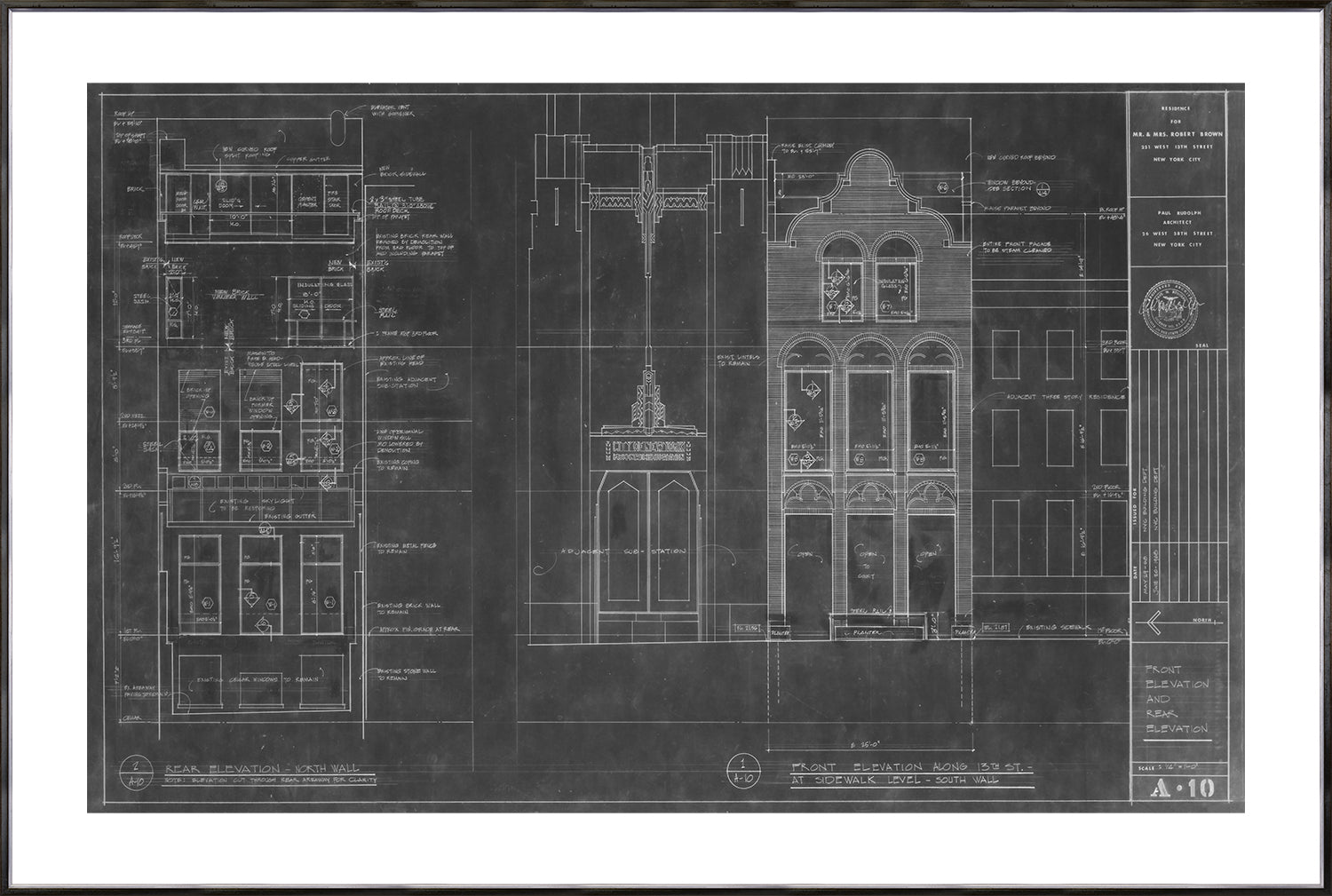 Blueprint of New York residence, detailed architectural plans on black background.