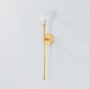 Maspeth Wall Sconce in aged brass shown from a second angle to highlight the arm curve and shade silhouette.