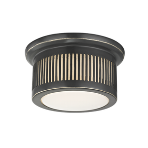 Bangor Flush Mount in bronze shown from a second angle to highlight the shade profile and mounting canopy.