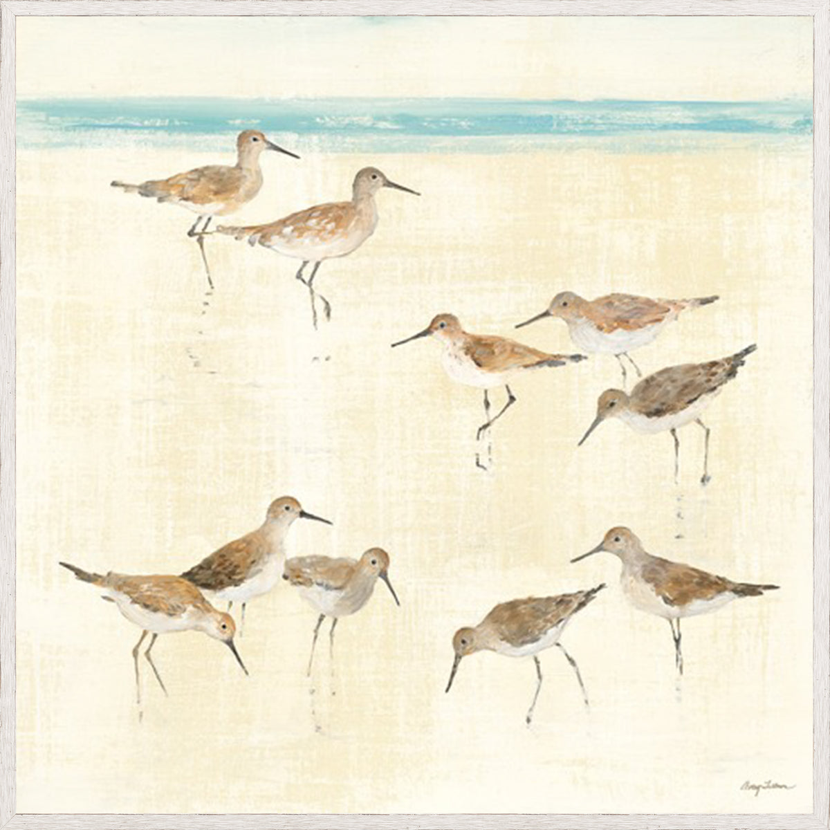 Sandpipers wall art featuring multiple shorebirds on a sandy beach with a light blue sky