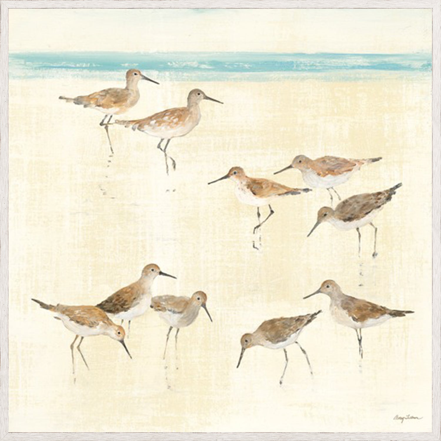 Sandpipers wall art featuring multiple shorebirds on a sandy beach with a light blue sky