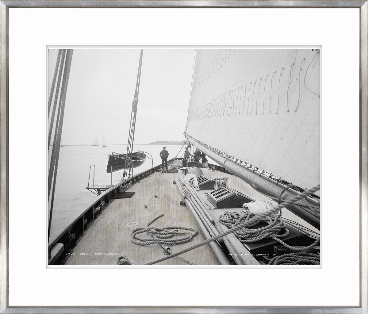 Deck Of Mayflower wall art featuring a black and white photo of a sailing ship's deck.
