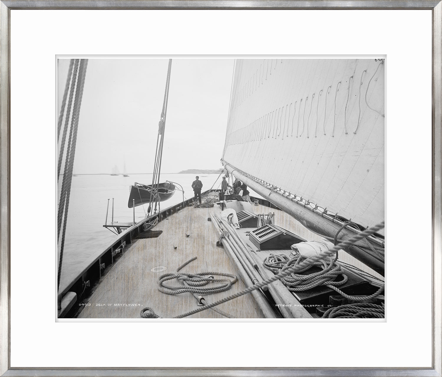Deck Of Mayflower wall art featuring a black and white photo of a sailing ship's deck.