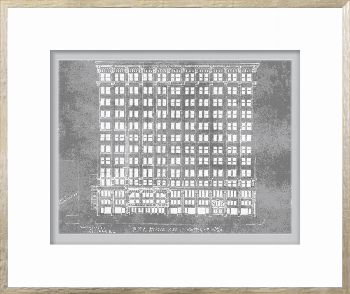 R.K.O. State Theatre wall art featuring a detailed sketch of the building in gray tones.