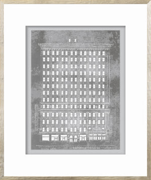 Orpheum Theatre wall art featuring a detailed silver illustration of the building.