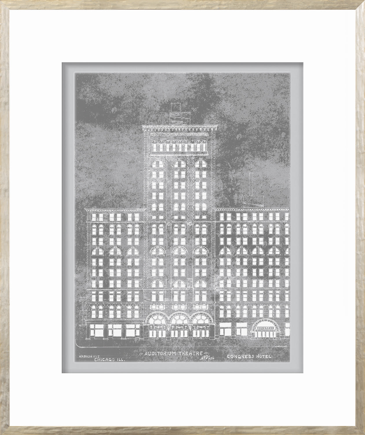 Auditorium Theatre wall art featuring a detailed gray illustration of the building.