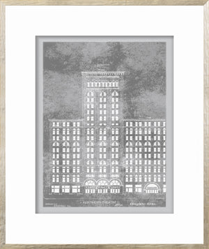 Auditorium Theatre wall art featuring a detailed gray illustration of the building.
