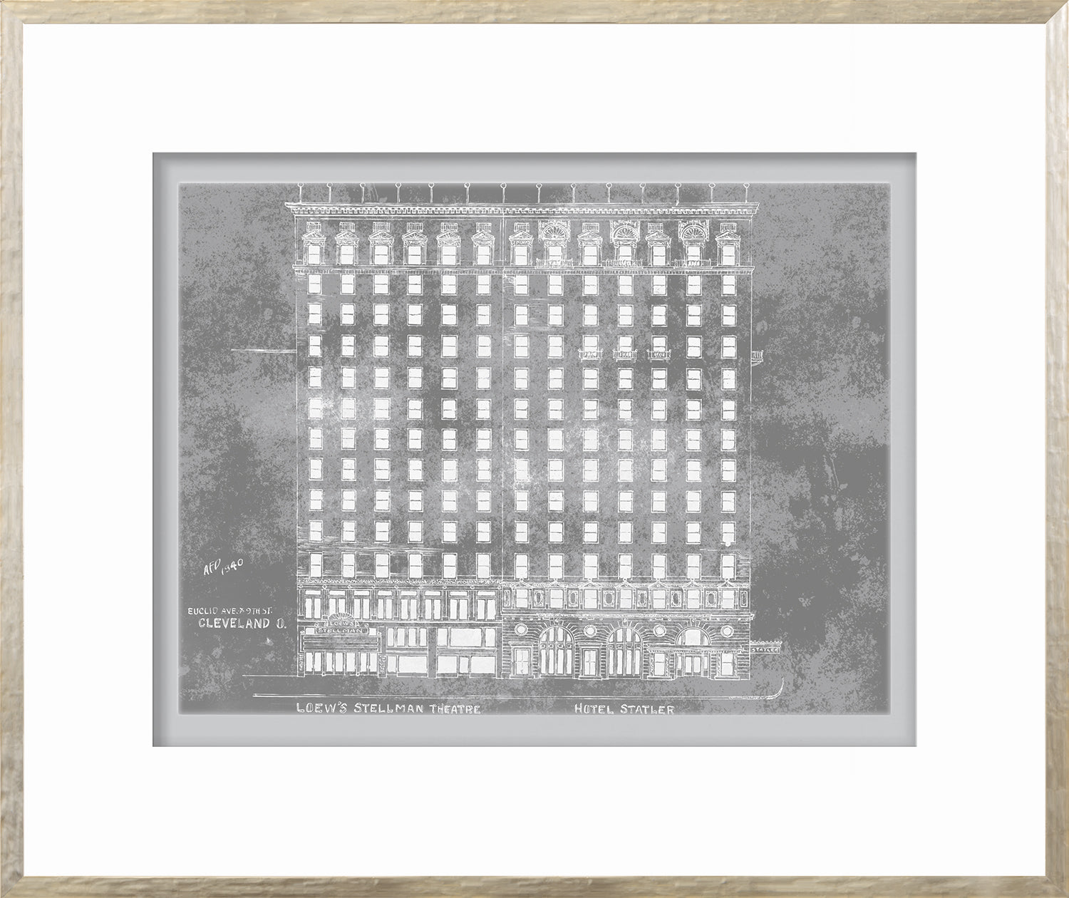 Loew's Stellman Theatre wall art featuring a detailed gray illustration of the building.