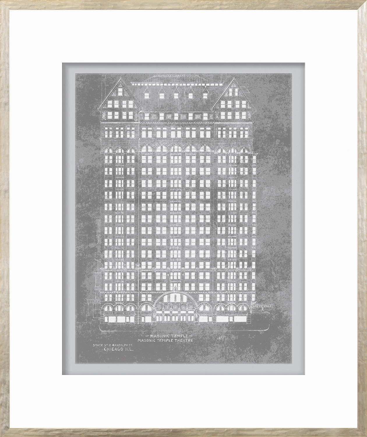 Masonic Temple Theatre wall art featuring a detailed gray illustration of the building facade.