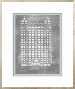 Masonic Temple Theatre wall art featuring a detailed gray illustration of the building facade.