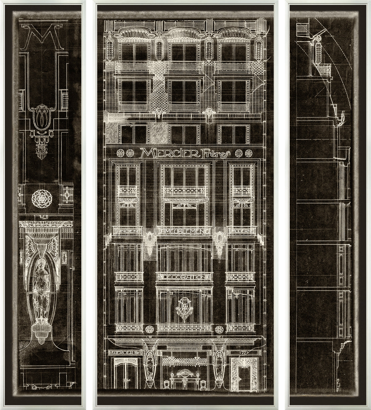 Mercier Freres Triptych wall art featuring architectural designs in white on a dark background