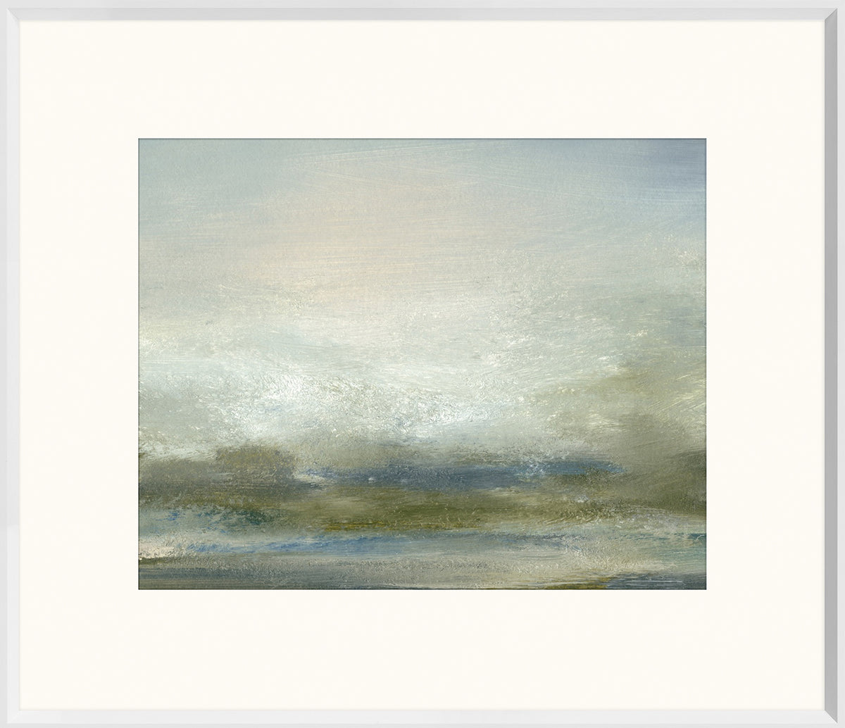Sea I wall art by Celadon featuring soft blue and green abstract landscape with a light frame.