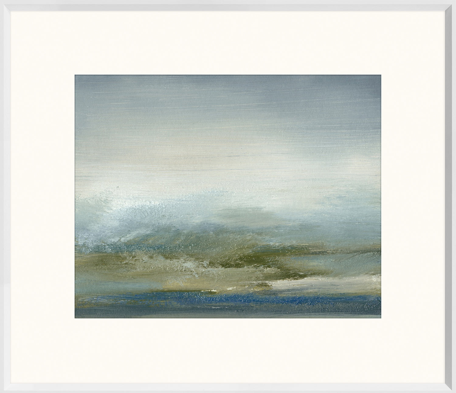Sea II wall art featuring soft blue and green hues with abstract wave patterns, framed in white.