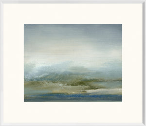Sea II wall art featuring soft blue and green hues with abstract wave patterns, framed in white.
