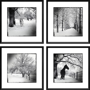 Winterscapes S/4 wall art featuring four black and white snowy landscapes with horses and trees
