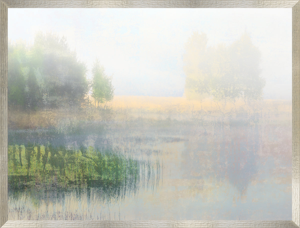 Morning Mist wall art featuring a foggy landscape with trees and water in soft pastel colors.