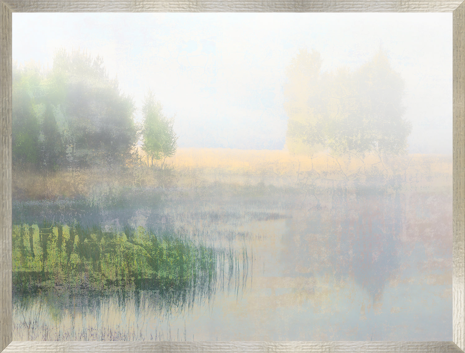 Morning Mist wall art featuring a foggy landscape with trees and water in soft pastel colors.