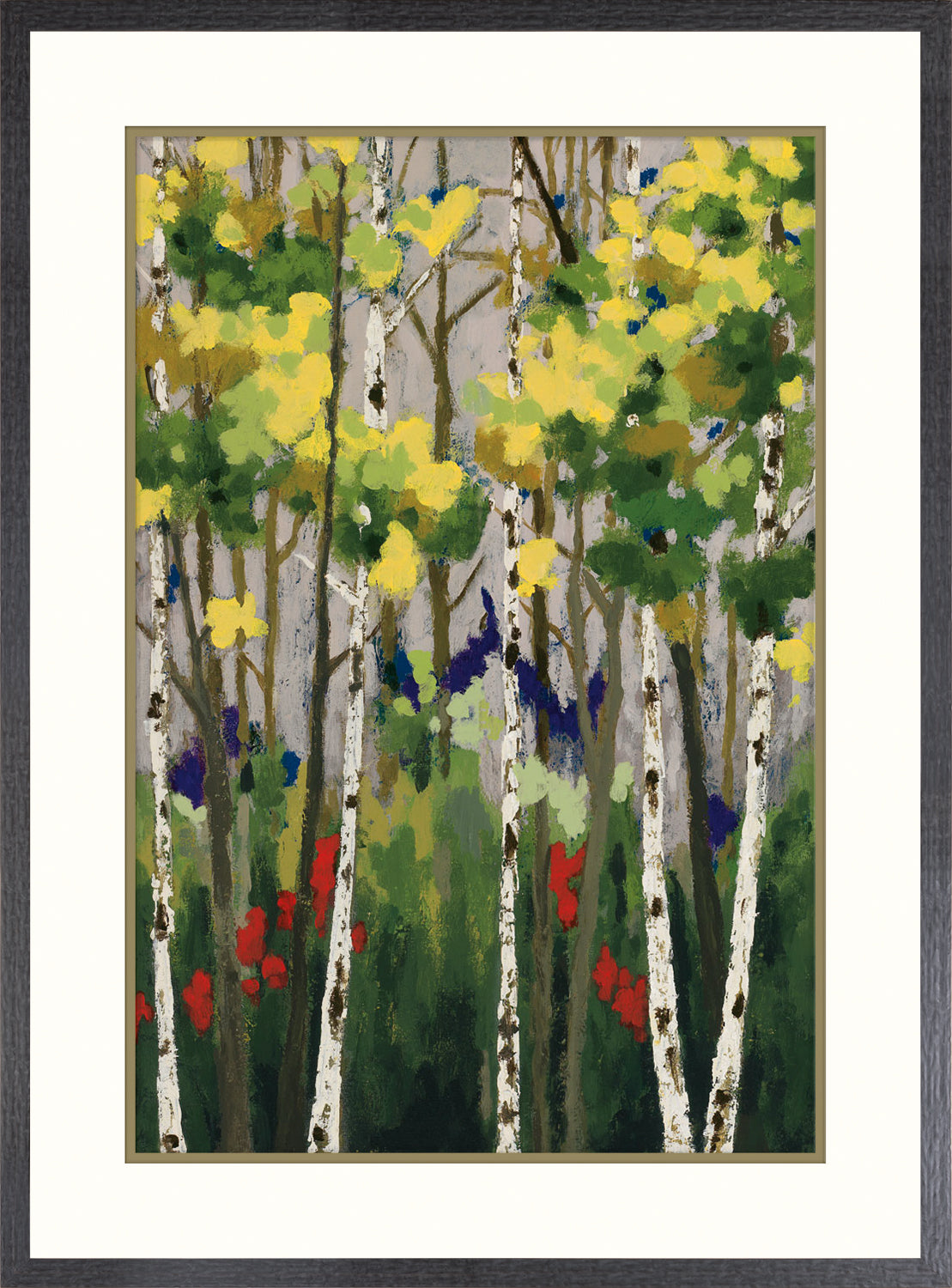Whispering wall art featuring vibrant yellow and green trees with red flowers and a gray background