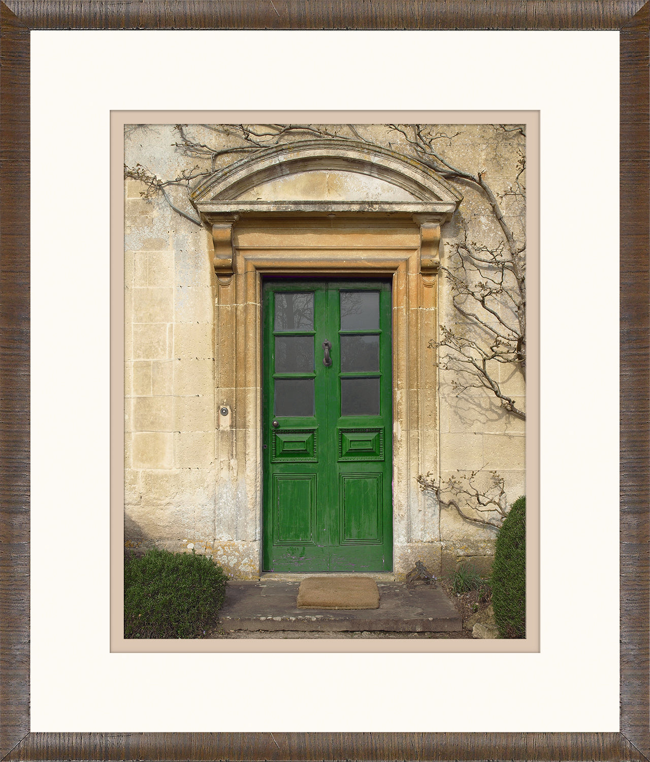 Green Georgian Door Series V wall art featuring a vibrant green door with a stone wall background.