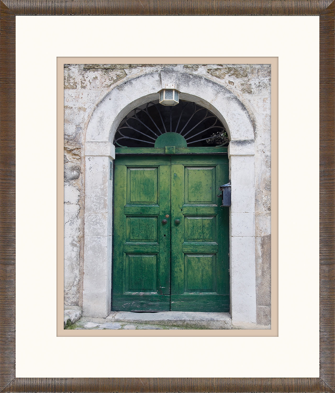 Green Georgian Door Series VI wall art featuring a weathered green double door with an arched top.