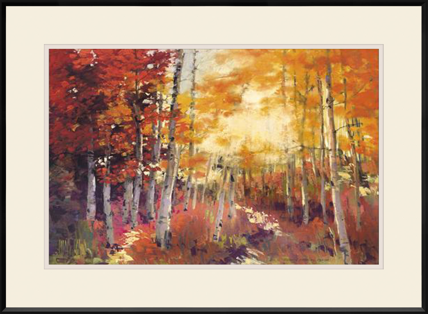 Golden Sunlight wall art featuring vibrant autumn trees in red and orange hues