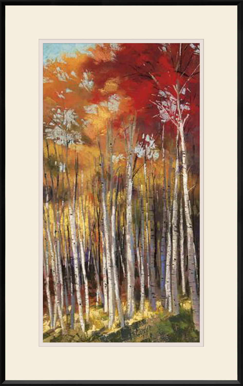 Afternoon Sunlight wall art featuring vibrant autumn trees with red and orange leaves