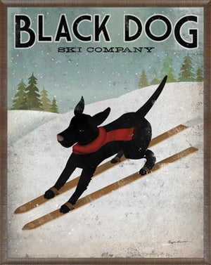 Black Dog Ski wall art featuring a black dog on skis with a red scarf in a snowy landscape