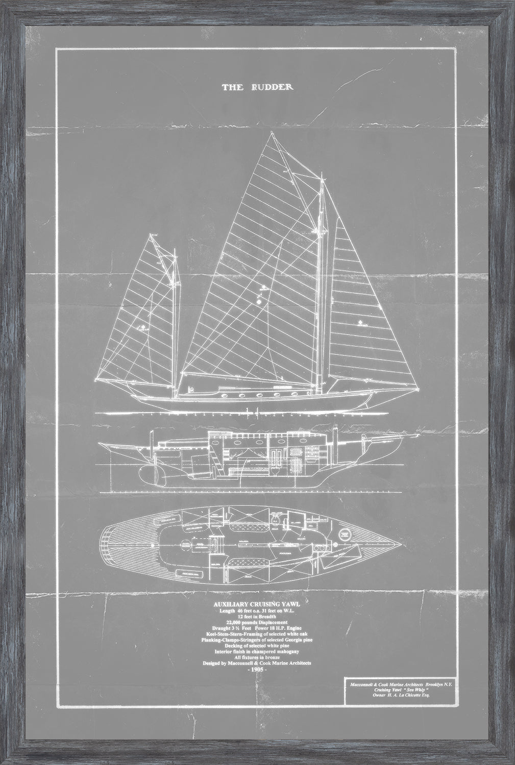 Cruising Yawl wall art featuring a blueprint of a yacht in white on gray background, framed.
