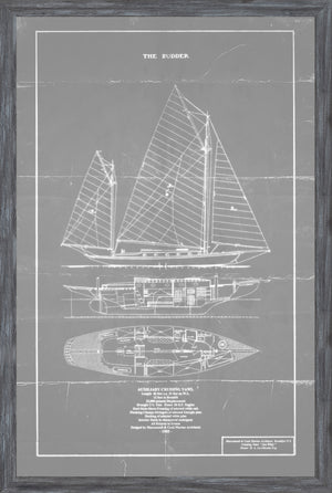 Cruising Yawl wall art featuring a blueprint of a yacht in white on gray background, framed.