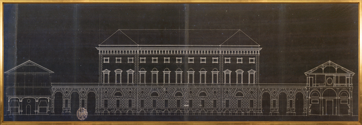 Palace Of The Prince-Bishop II, architectural drawing in black and white, featuring detailed facade with arches and windows.