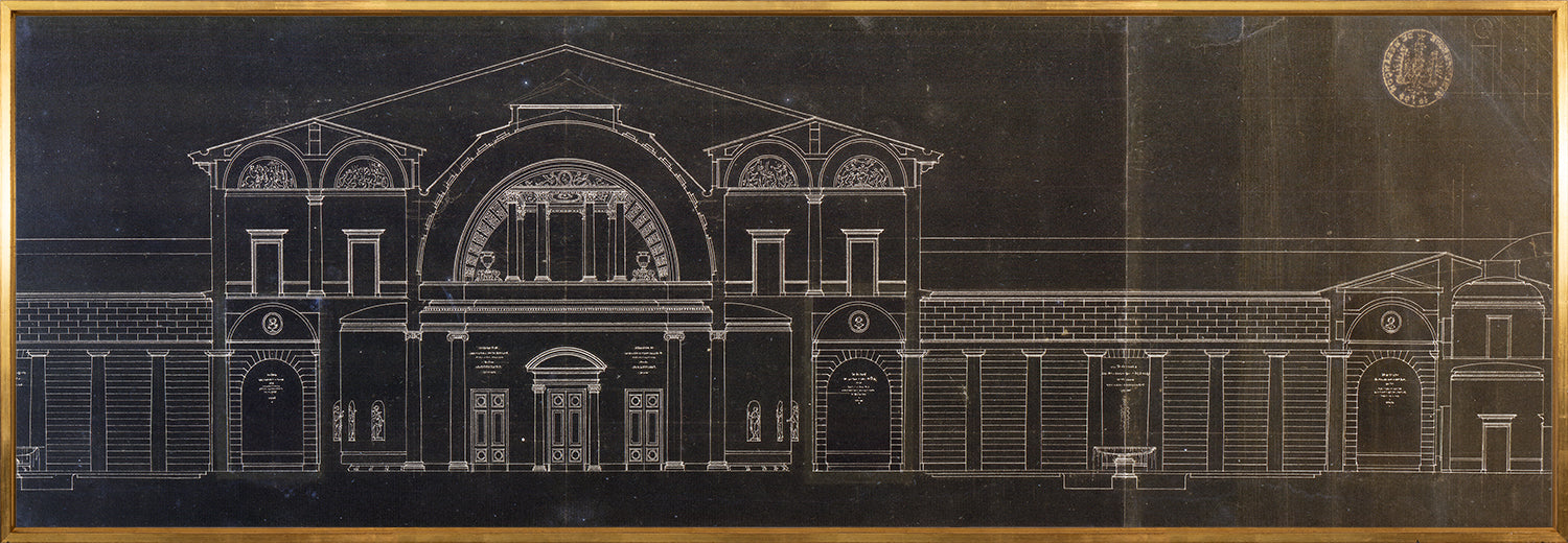 National Institute (1700-1800) architectural drawing in white on black background, framed in gold, featuring detailed façade design.