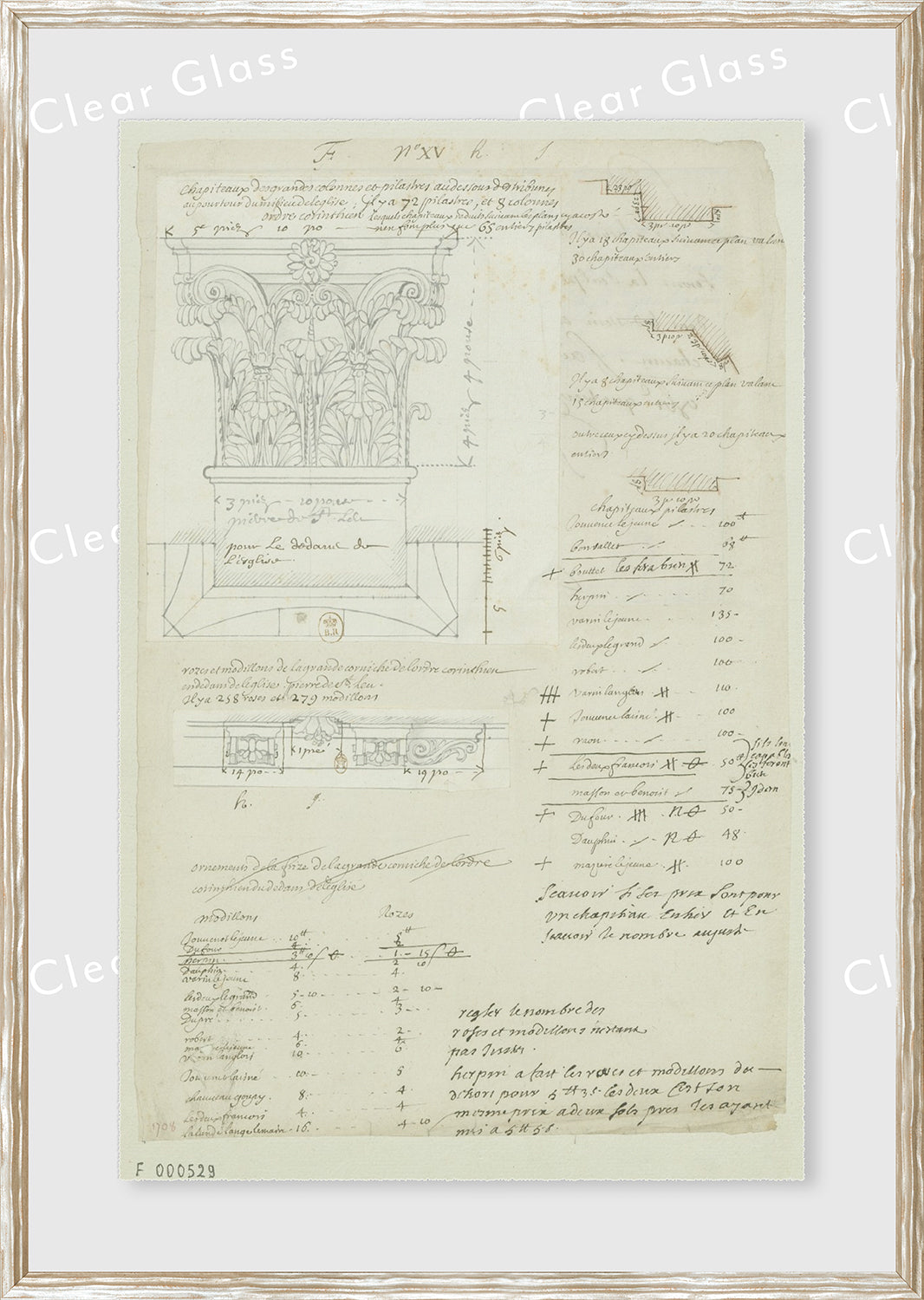 17th century architectural decoration sketch with floral motifs and measurements on aged paper.