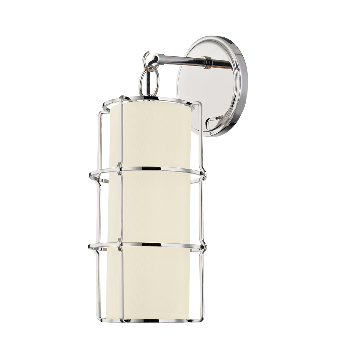 Sovereign Wall Sconce in polished nickel shown from the front to reveal the arm curve and shade silhouette.