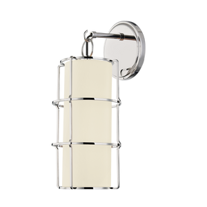 Sovereign Wall Sconce in polished nickel shown from the front to reveal the arm curve and shade silhouette.