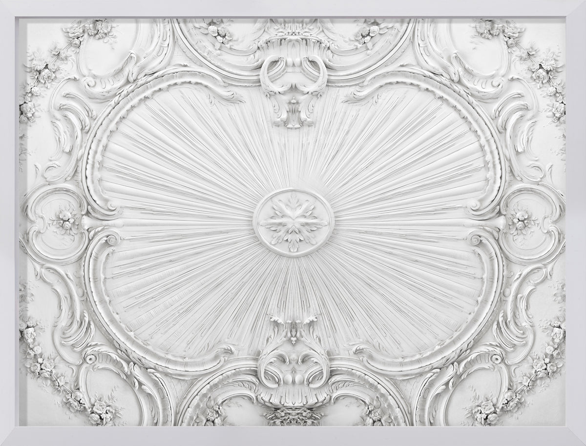 Plafond Decoratif I wall art featuring intricate white floral and sunburst design.