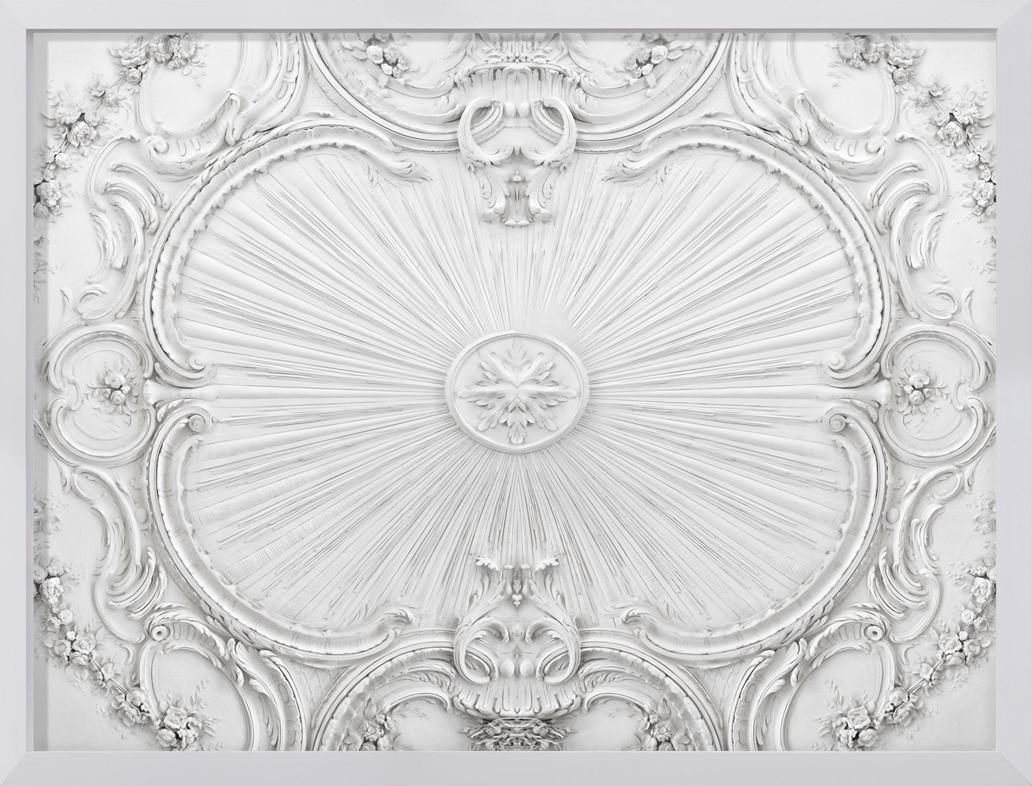 Plafond Decoratif I wall art featuring intricate white floral and sunburst design.