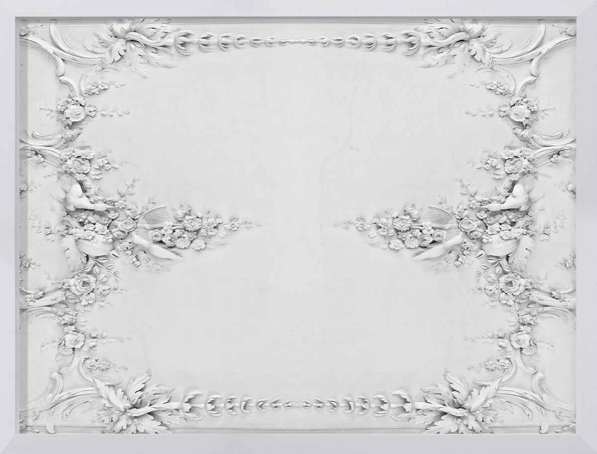 Plafond Decoratif II wall art featuring intricate white floral and bird relief design.