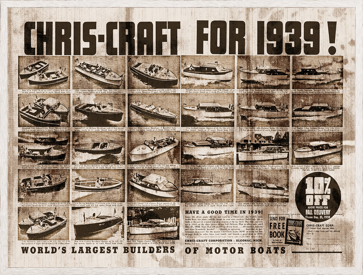 Chris Craft 1939 wall art featuring vintage motorboats in a collage style