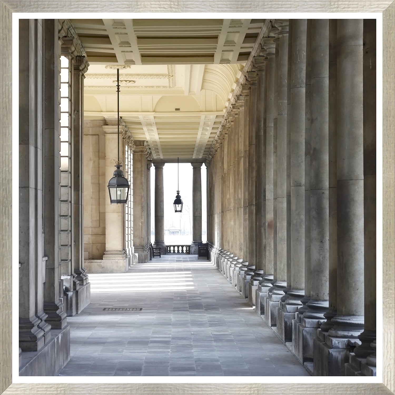 Villa Carlotta wall art featuring a corridor with stone columns and hanging lanterns.