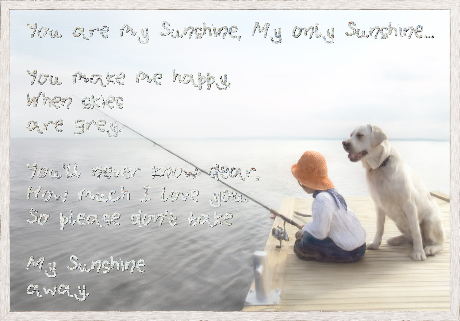 My Sunshine wall art featuring handwritten lyrics on a serene background with a child and dog fishing.