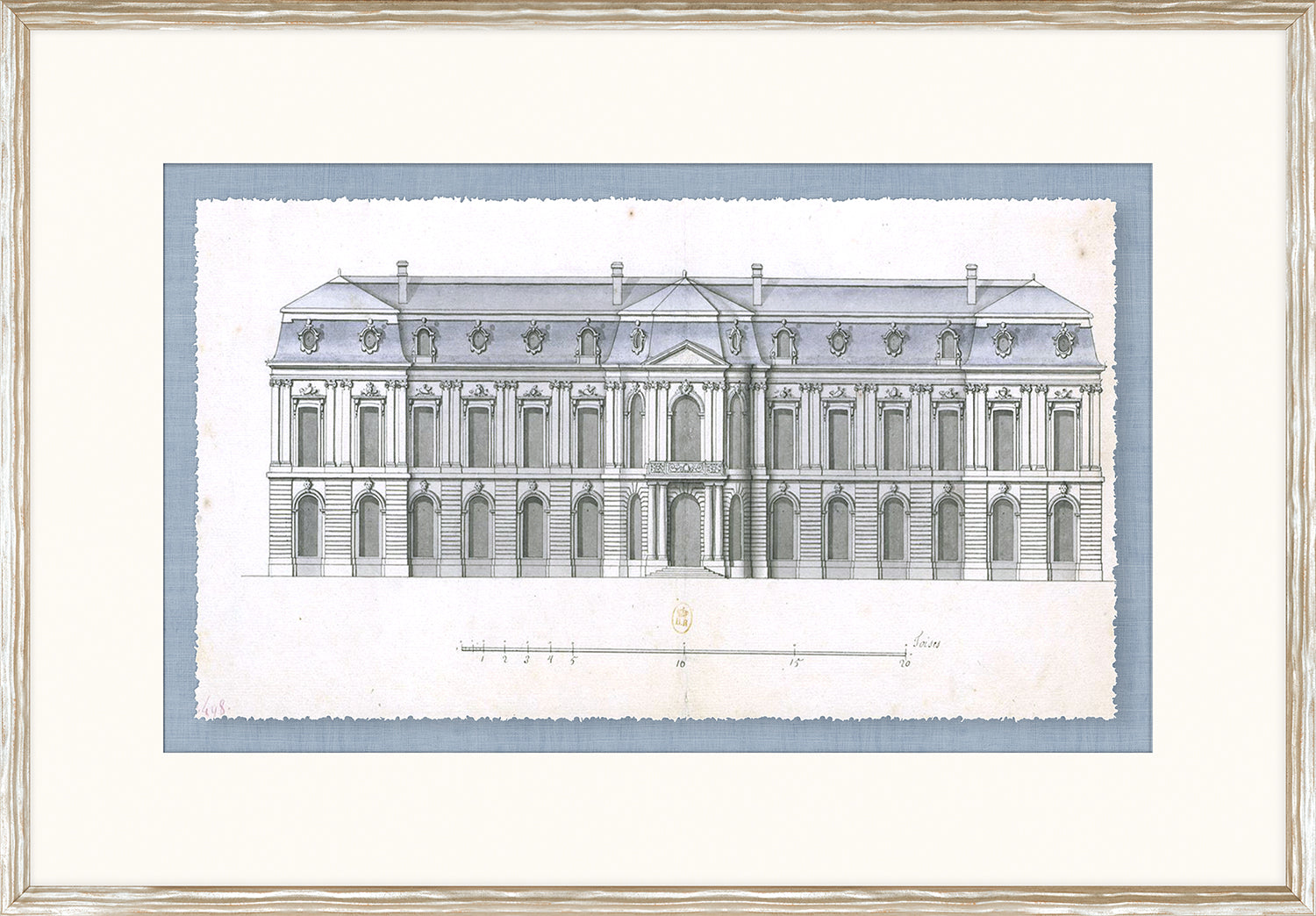 Blue Roof Façade I wall art featuring a detailed architectural drawing in gray and white, framed with a light-colored frame.