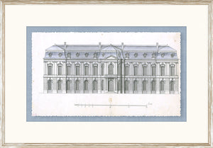 Blue Roof Façade I wall art featuring a detailed architectural drawing in gray and white, framed with a light-colored frame.