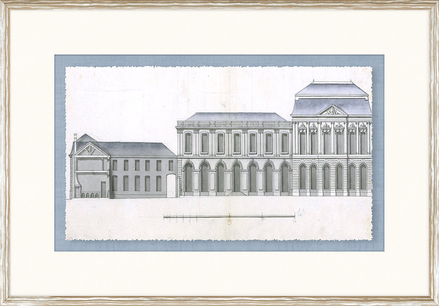 Blue Roof Façade III wall art featuring architectural sketches in gray and blue tones.