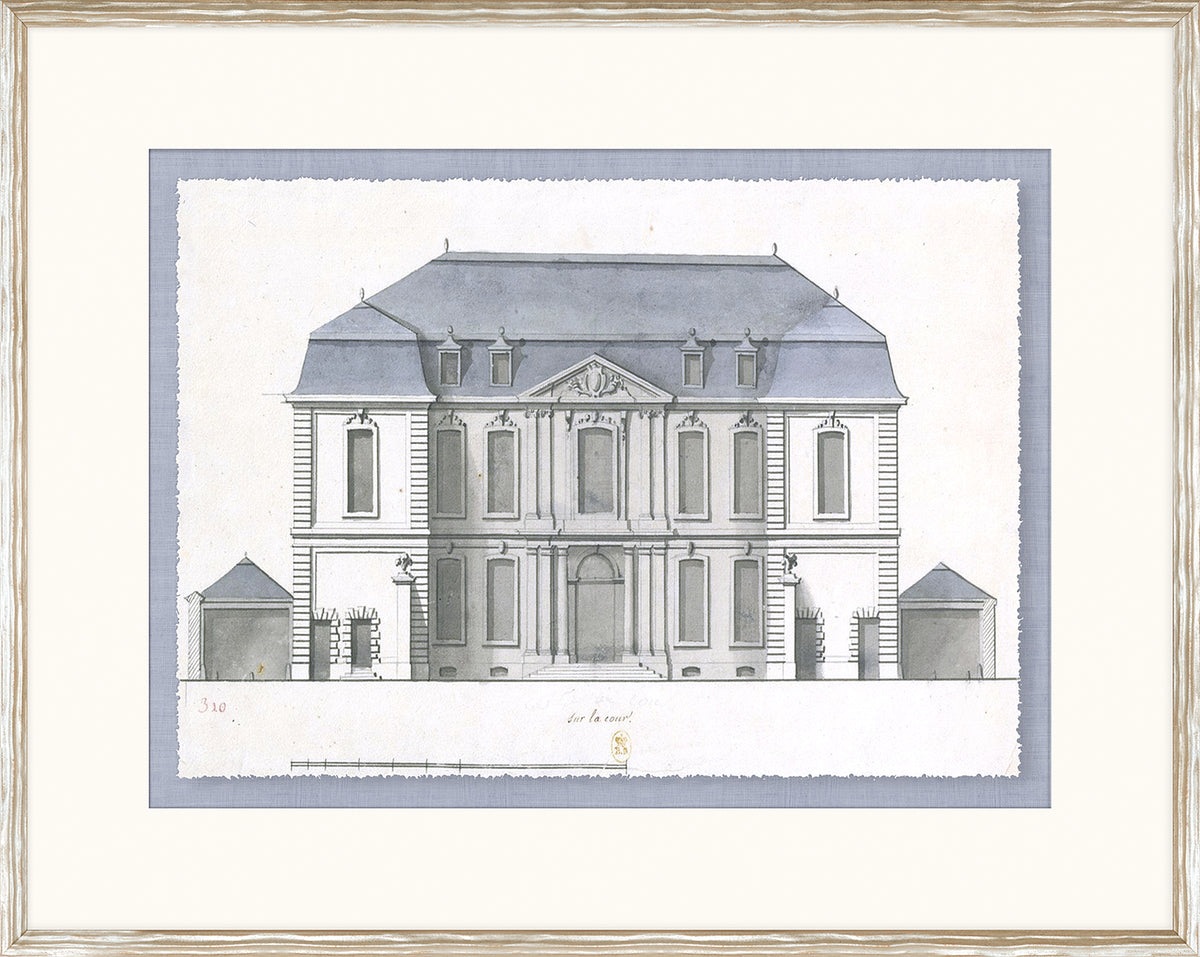 Blue Roof Façade V wall art featuring a detailed architectural drawing in blue and gray tones