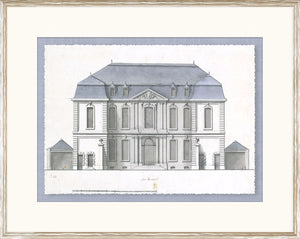 Blue Roof Façade V wall art featuring a detailed architectural drawing in blue and gray tones