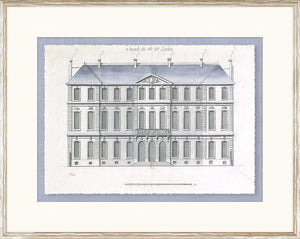 Blue Roof Façade VI wall art featuring a detailed architectural illustration in soft colors.
